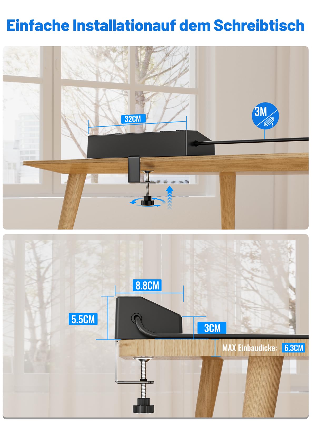 Ciabatta Multipresa con USB 30W, Scrivania Elettrica con 5 Prese, Multipresa Protezione Sovratensione con Interruttori Indipendenti e Prolunga Elettrica 3 Metri, 4000W Presa, Nero