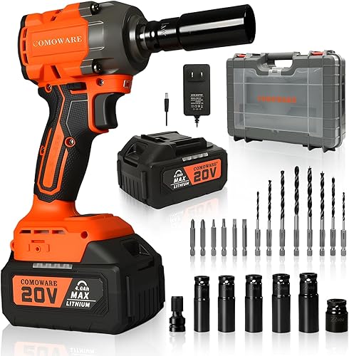 COMOWARE Llave de impacto sin escobillas de 20 V, pistola de impacto inalámbrica de 650 N.m (480 ft-lbs) con batería de 4.0 Ah y cargador rápido,
