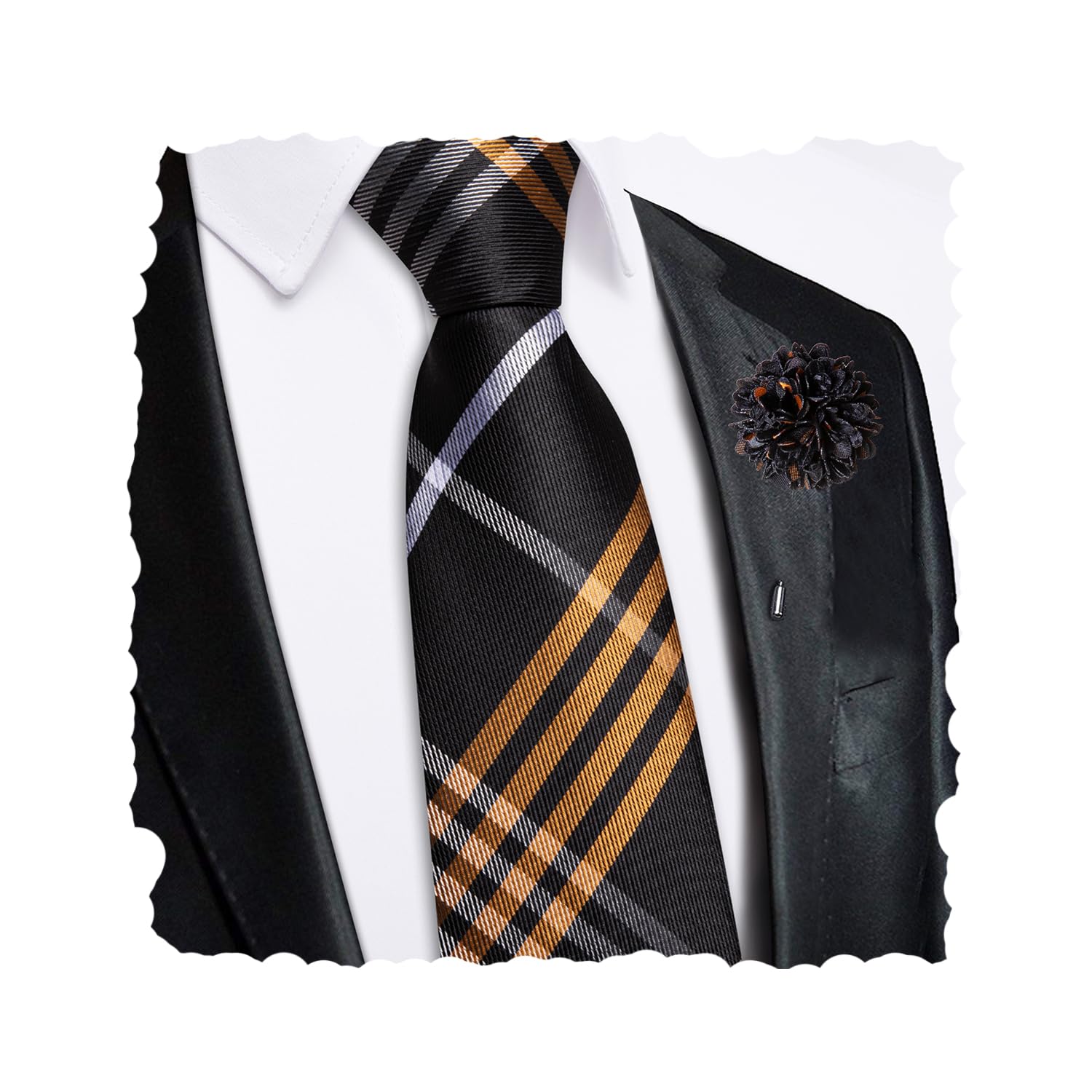 Hi-Tie Zipper Ties for Men Pre-tied Tie Set Lapel Pin Pocket Square and Cufflinks Formal Business Wedding Adjustable Necktie