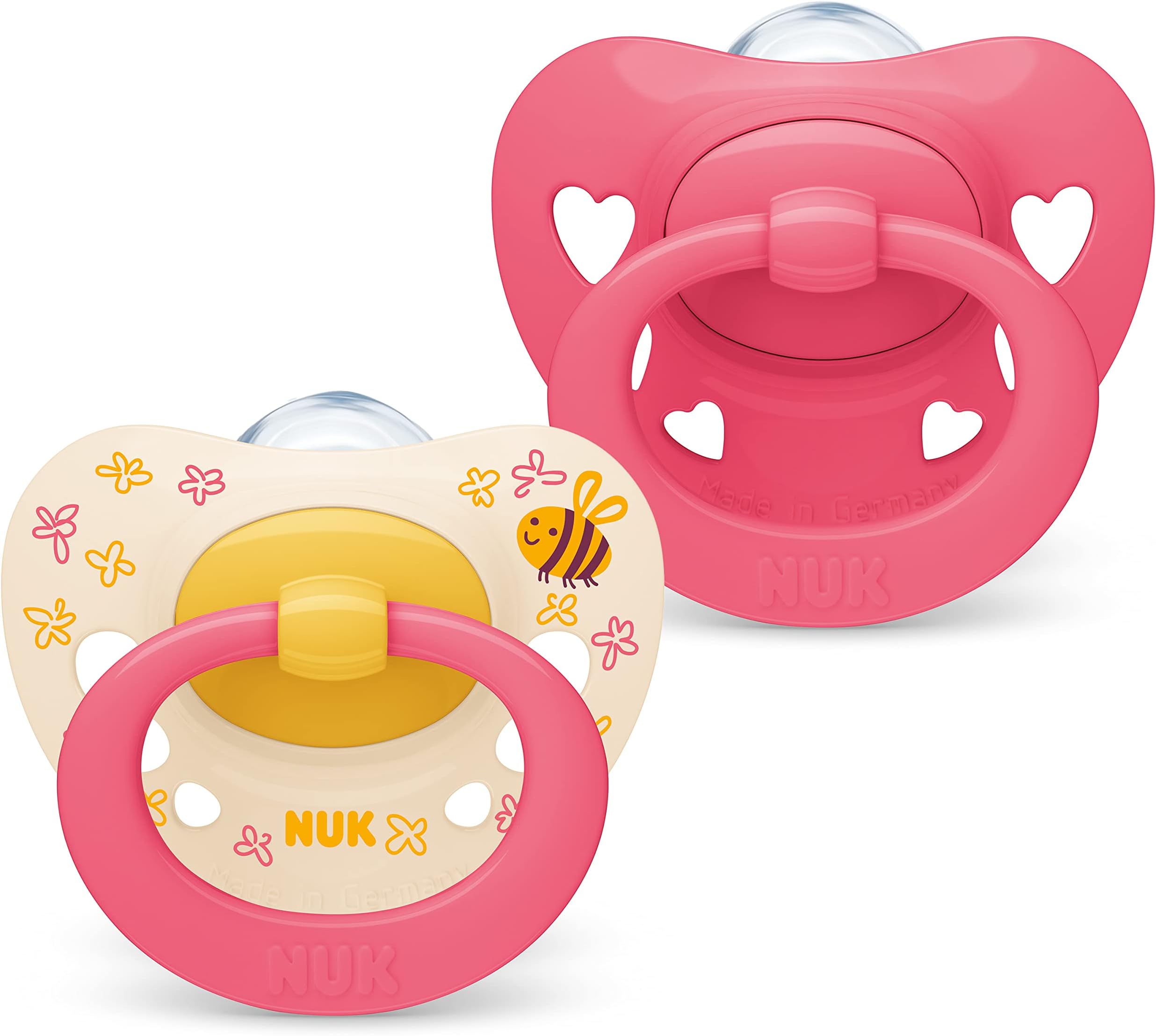 Signature Baby Pacifier | 18-36 Months | Soothes 95% of Babies | BPA-Free Silicone Heart-Shaped Pacifier | With Case | Pink Hearts | Pack of 2