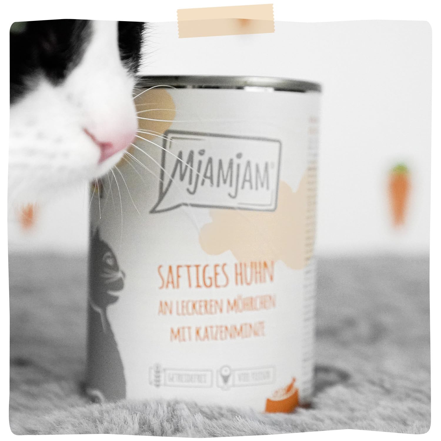 MjAMjAM - Premium Nassfutter für Katzen - saftiges Huhn an leckeren Möhrchen, 6er Pack (6 x 800 g), getreidefrei mit extra viel Fleisch