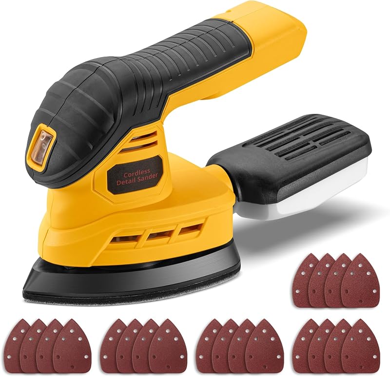 Cordless Detail Sander for DEWALT 20V Battery(Battery Not Included) (Yellow) | Brushless 12000 RPM Corner Sander Tool with 20Pcs Sandpapers & Dust Box Soft Grip for Woodworking, Polishing & Paint Removal