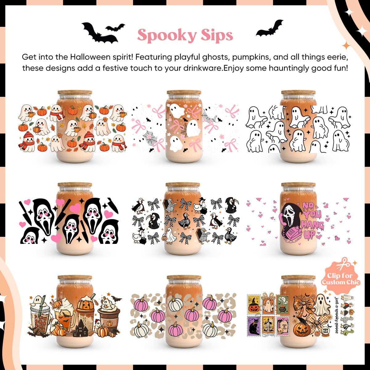 9 Sheets UV DTF Cup Wraps Halloween Transfer Stickers for 16oz Glasses