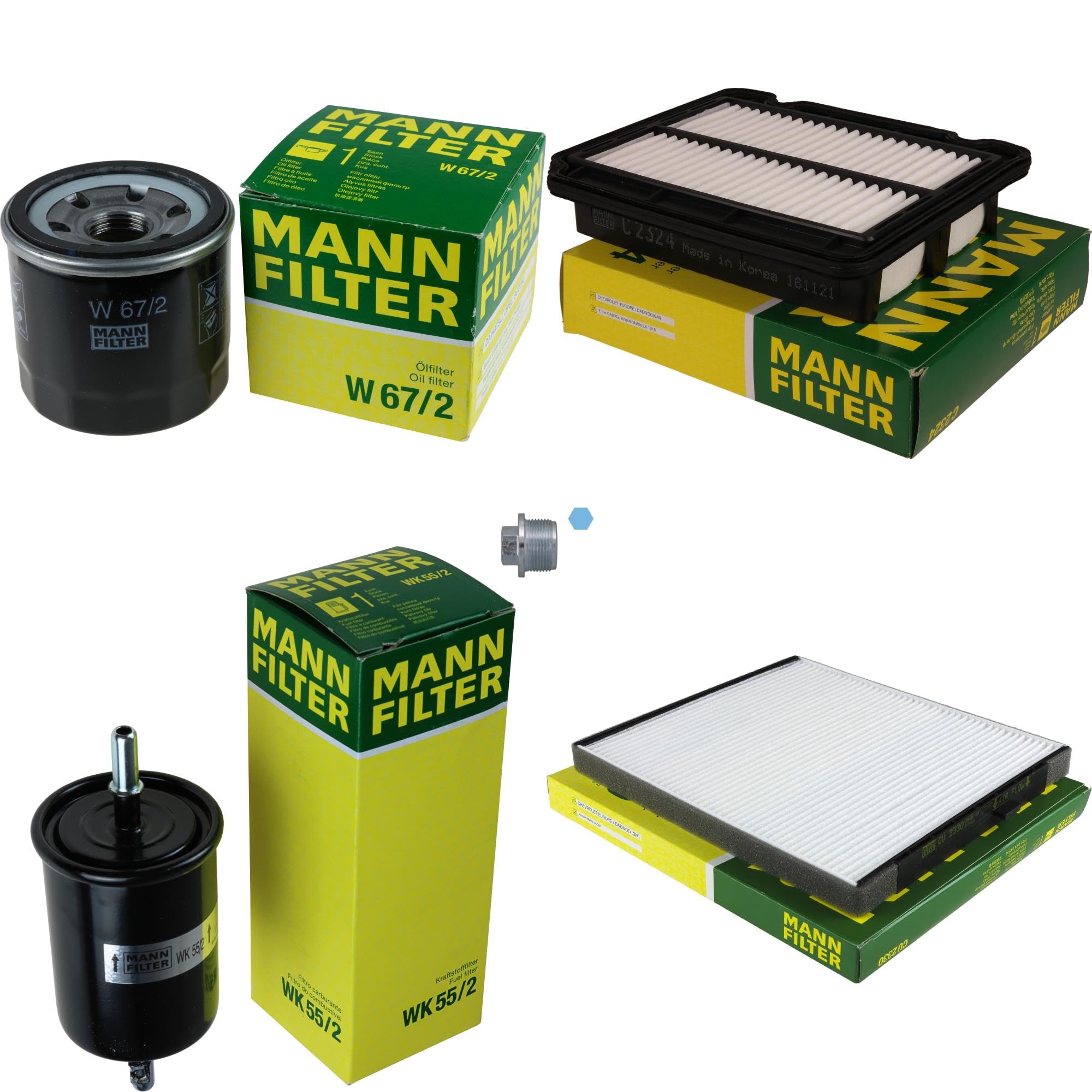 Paquete de inspección Kit de mantenimiento de filtros con filtro de aceite W 67/2, filtro de aire C 2324, filtro de combustible WK 55/2, filtro de habitáculo CU 2330, tornillo de cierre