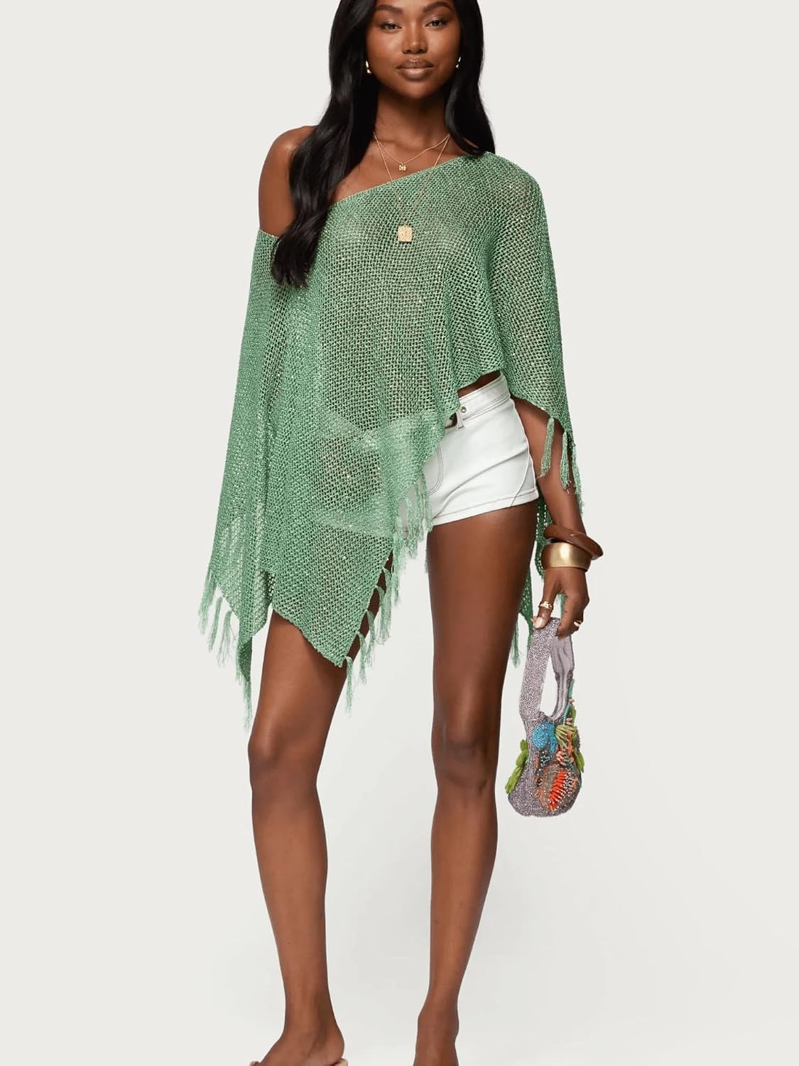 Women Ropa De Playa Knit Top Beach Coverups Off Shoulder Shawl Asymmetrical Hem Cover Up Sweater cover ups for swimwear