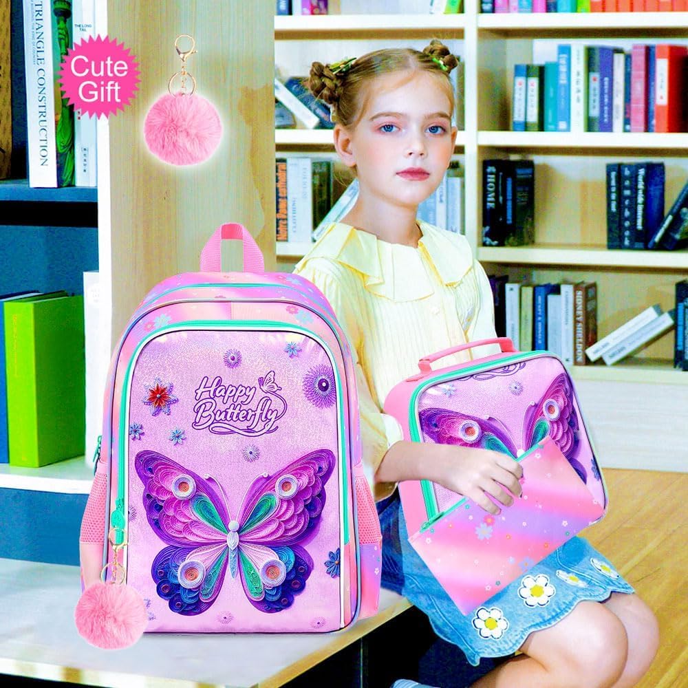 CCJPX 3Pcs Butterfly Backpack, 16” Kids Girls Bookbag with Lunch Box, Water Resistant Elementary School Bag for Kindergarten Preschool Toddler (Pink) - Image 2