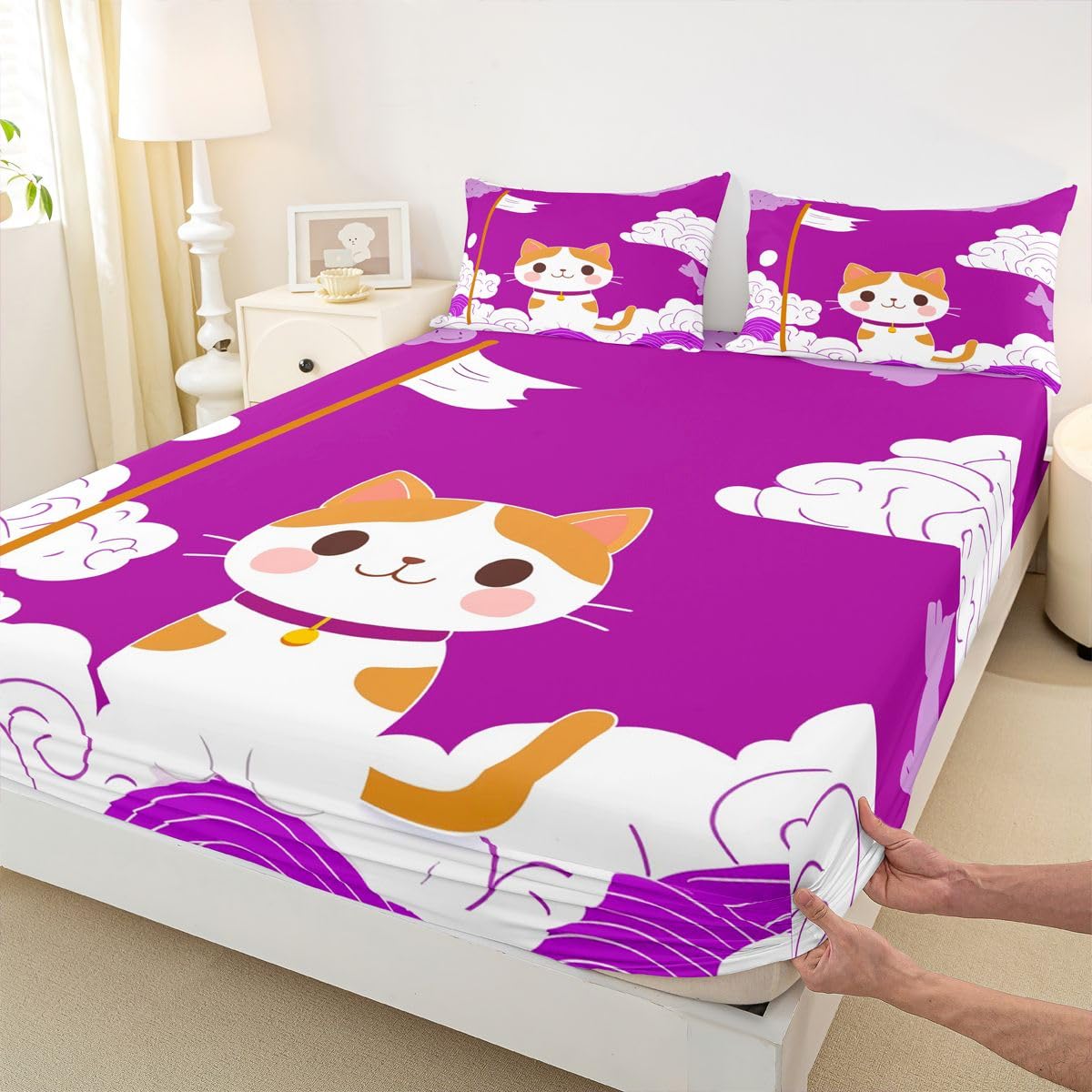 Sábana bajera ajustable de gato Kawaii tamaño King (no plana), juego de ropa de cama de 3 piezas con diseño de bandera de olas japonesas, decoración de habitación de niños y mujeres, sábana de
