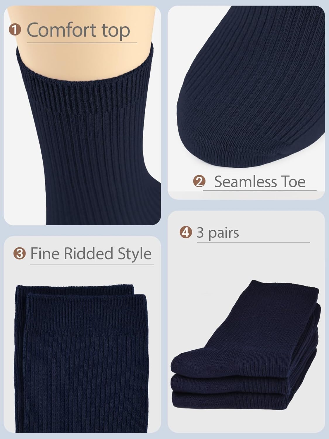 COTTON DAY Women's Combed Cotton Fine Ribbed Trouser Dress Socks Black White Navy Blue 3 Pack - Image 4