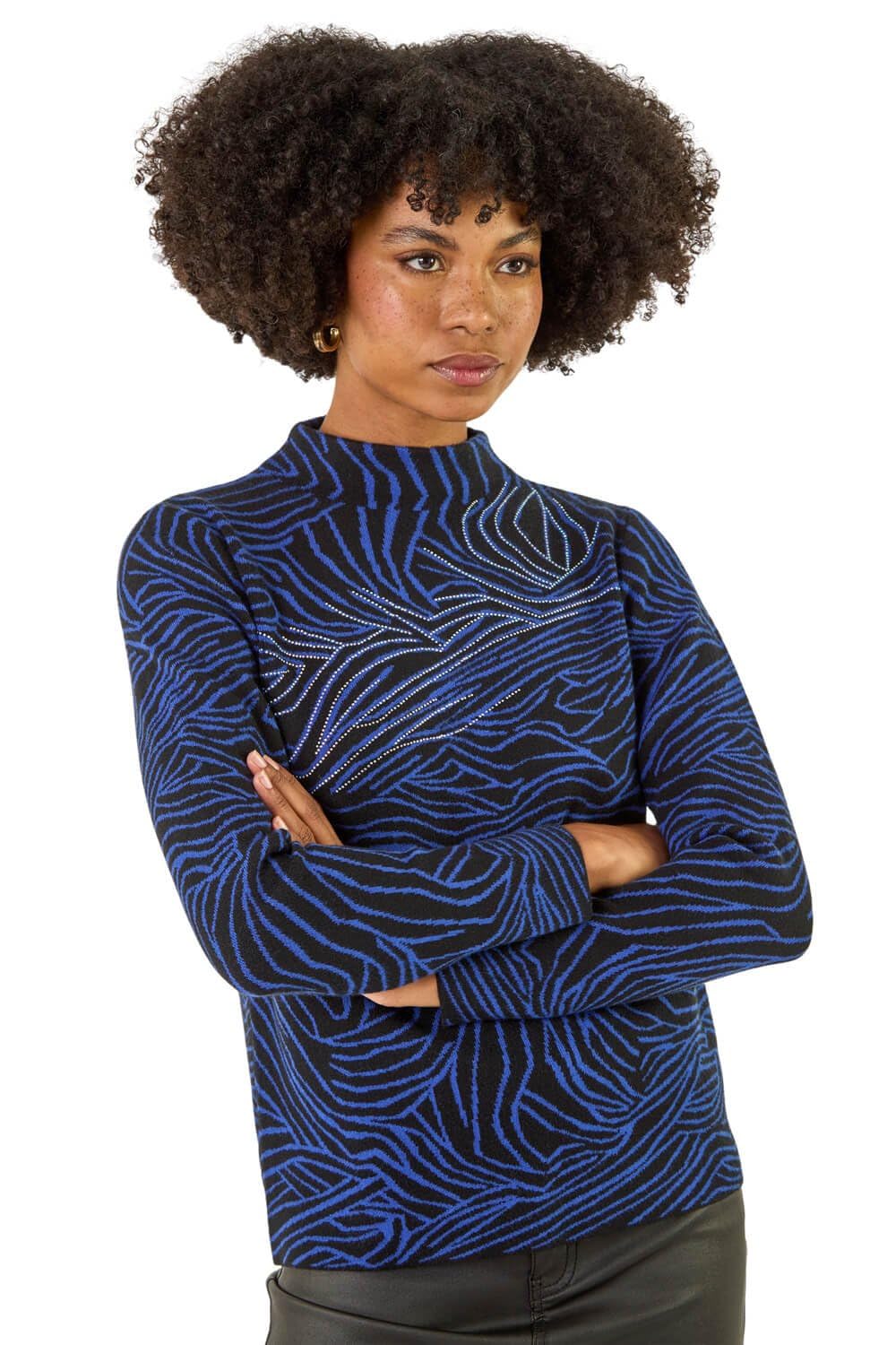 Roman Originals Women's Blue Animal Sequin Knit Jumper For Uk - Everyday Autumn Winter High Neckline Comfy Soft Evening Vacation Work Party Night Out - Size 20