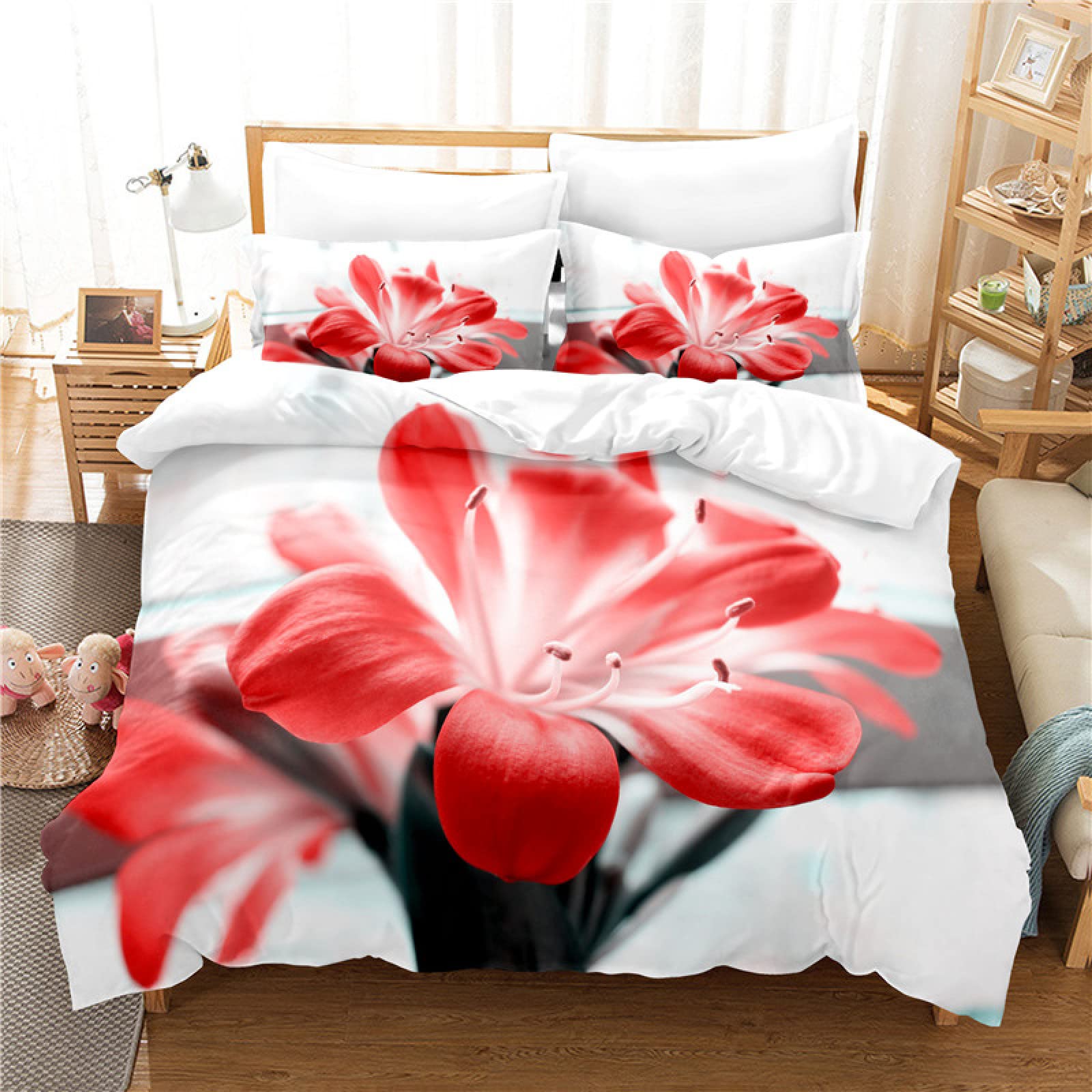 Parure de lit 90x190 enfant fleur rouge avec housse de couette microfbre et taie