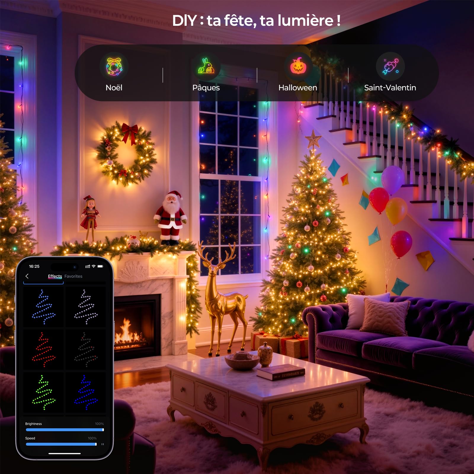YAYZA! Guirlande Lumineuse Sapin de Noël Intelligente 30m, 300 LEDs RGB 16M de Couleurs, App & Télécommande, Pour Intérieur et Extérieur IP44, Décoration de Noël et Fête