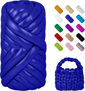 Blue Chunky Yarn for Hand Knitting, 0.55lb Metallic Jumbo Tubular Knit Tube Yarn for Arm Knitting Bag, Basket, Pillow, Pet Bed, DIY Crafts