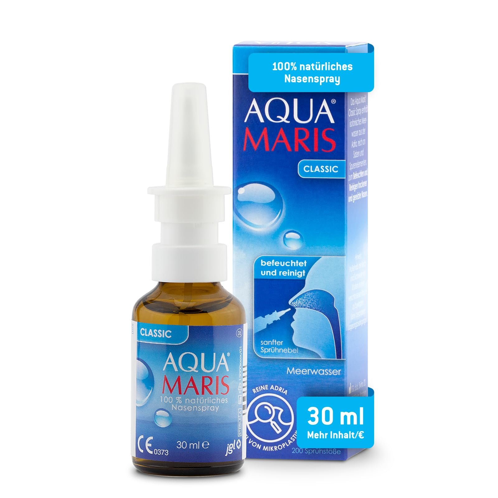 Aqua Maris Classic 30 ml, 100% natürlich, Meerwasser Nasenspray für trockene und gereizte Nase I Meersalz Nasendusche für den täglichen Gebrauch I Erwachsene und Kinder