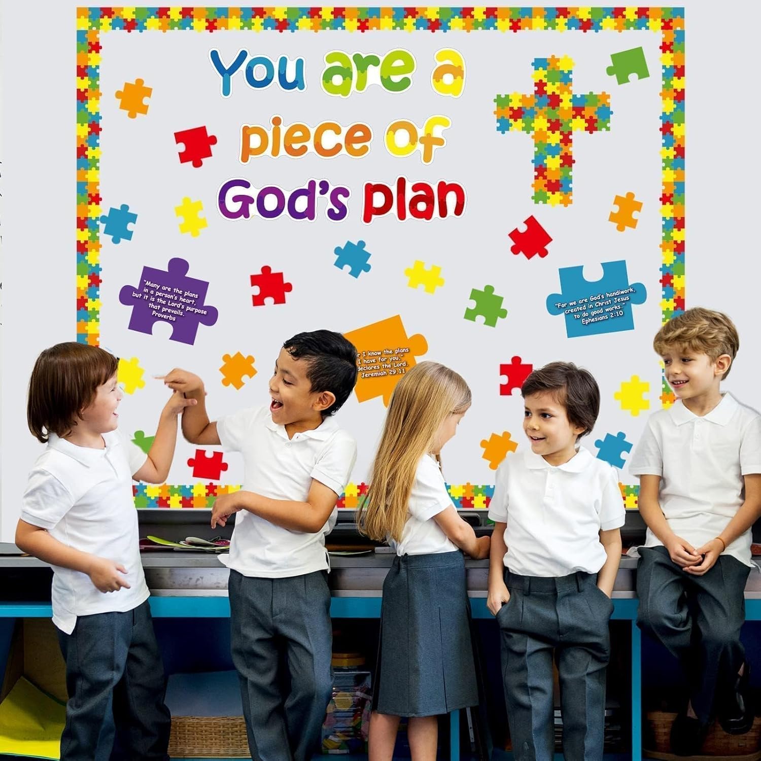 Christian Bulletin Board Piece of Gods Plan VBS 2026 Sunday School Decorations Kid’s Religious Bible Verse Vacation Classroom Cutouts for Christmas Bulletin Board Decorations