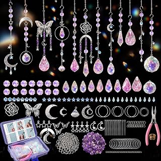 377Pcs DIY Suncatcher Making Kit Iridescent Crystal Prism Amethyst Moon Star Butterfly Charms Window Car Hanging Wind Chime Craft Supplies with Tools & Storage Box