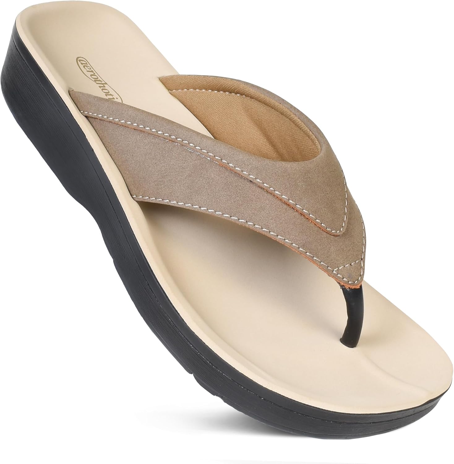 AEROTHOTIC Arch Support Flip Flops for Women Comfortable Cushioned Memory Foam Lined Footbed Outdoor Indoor Dressy Beach Walking Thong Extra Soft Padded Strappy Sandals