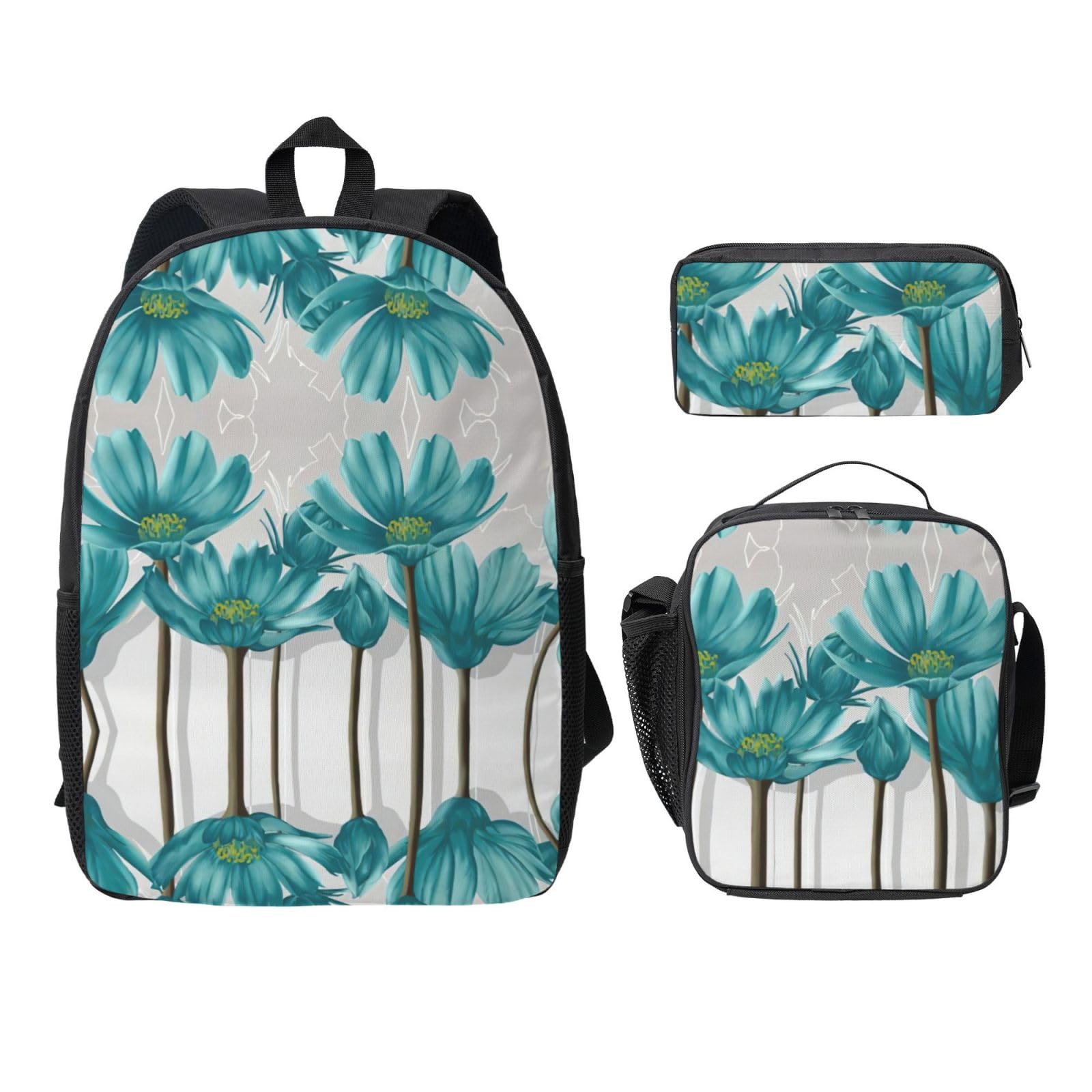 Mochila escolar ligera juvenil de flores con portameriendas y estuche negro 8
