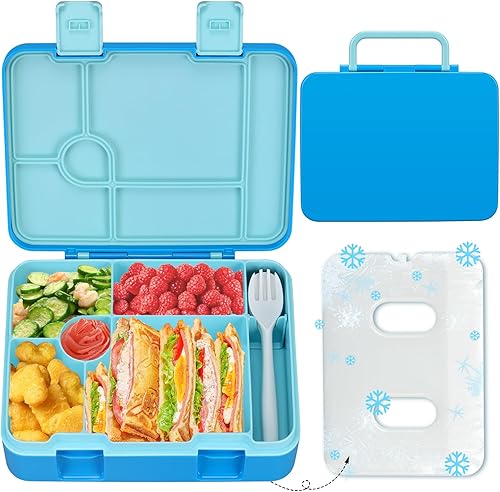 Lonchera Bento para niños con bolsa de hielo, 5 compartimentos a prueba de fugas con utensilios, capacidad de 5.5 tazas para adultos y mayores de 8