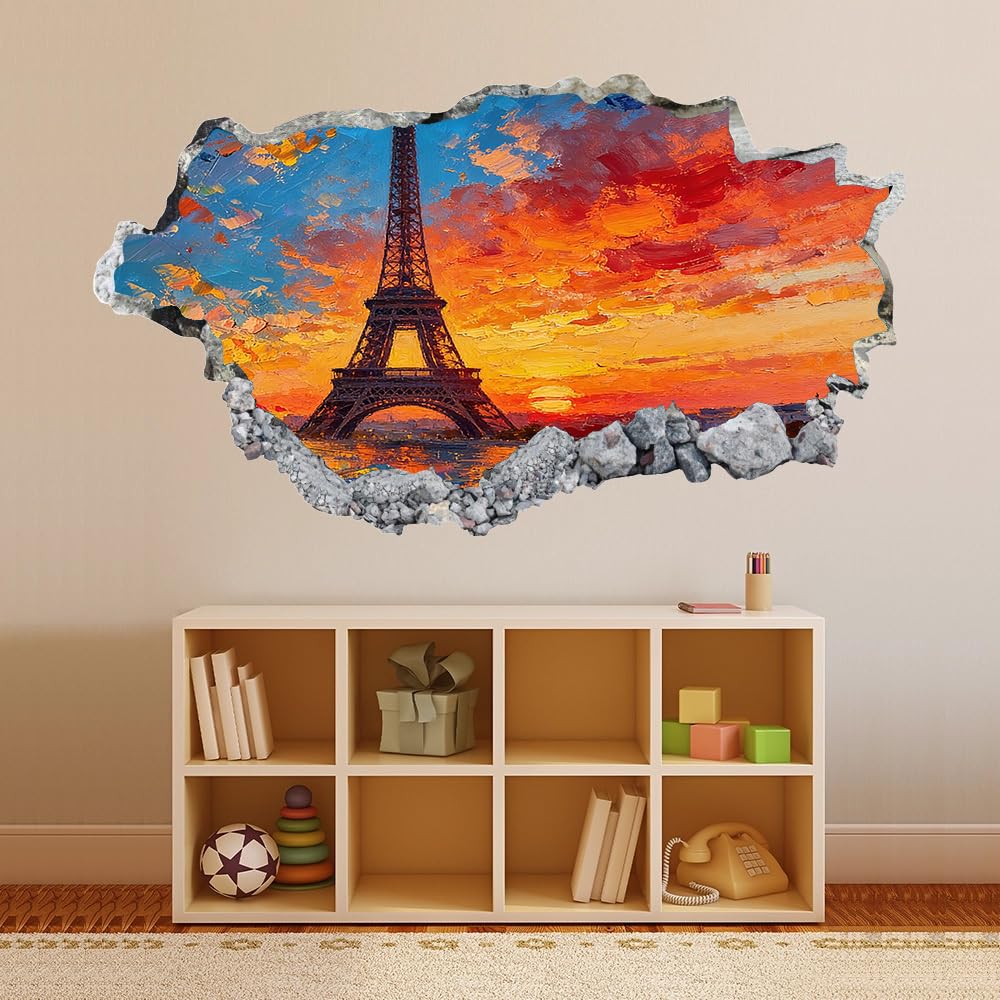 3D Wandtattoos Durchbruch Wandbild Eiserner Turm Kinderzimmer Aufkleber Wandaufkleber Gemalte Sonnenuntergangslandschaft Wandsticker für Kinderzimmer Junge Zimmer Wohnzimmer Schlafzimmer