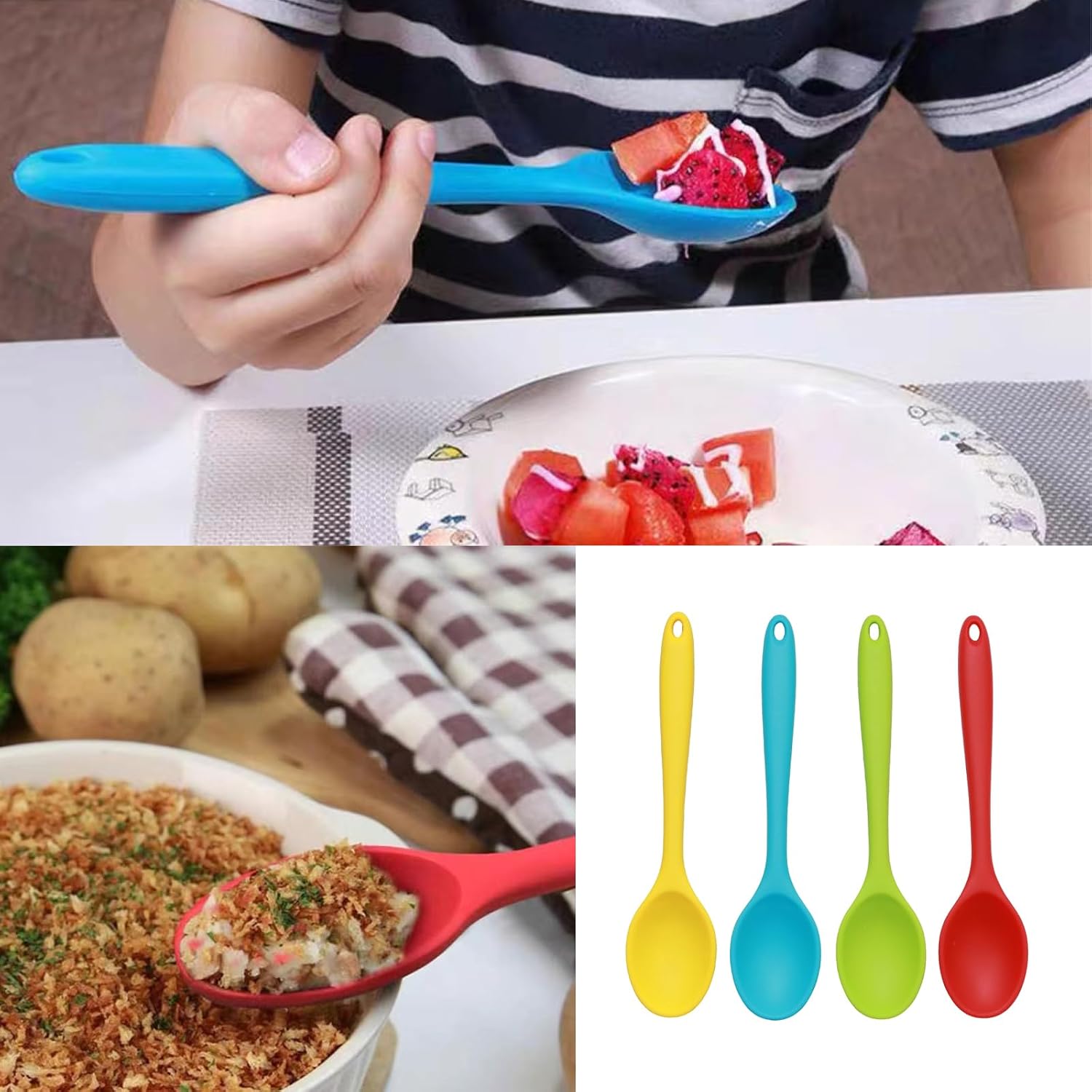 Lilaly 4 Pcs Silicone Spoon Cucharas De Silicona, Para Cocina Mixing Spoons, Cookware Silicone Cooking Spoons Suitable for Cooking Baking Stirring Mixing Tools, (Red,Yellow,Green,Blue) image 5