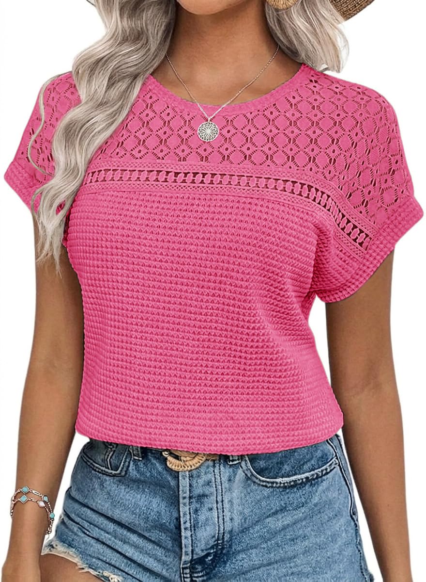 Chicrise Bluse Damen Elegant Kurzarm Spitzen Oberteile Häkel Rundhals Tshirt Sommer