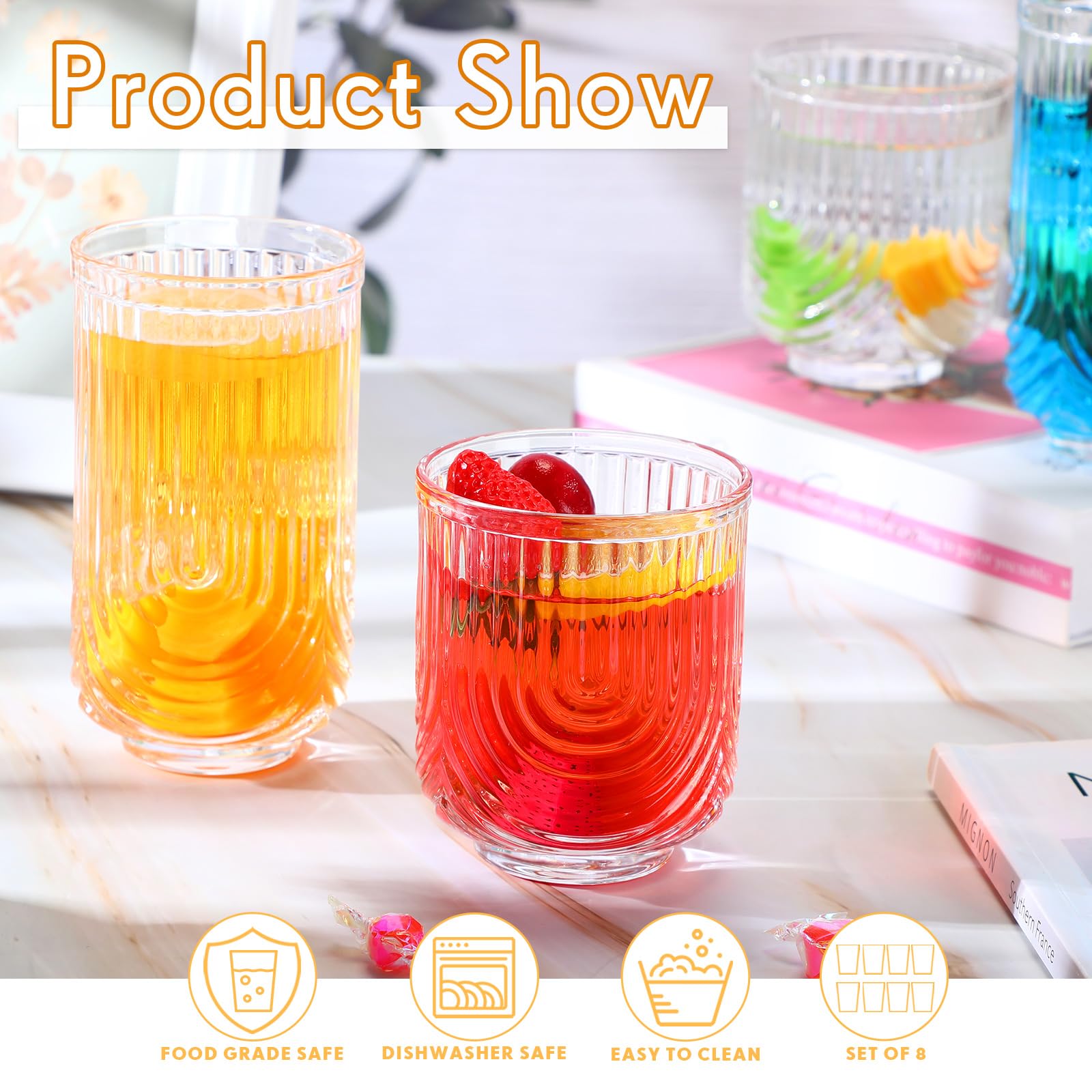 Vesici 8 Stück Trinkgläser, Cocktailgläser, Bogen-Design, Highball, gerippte Glaswaren, Vintage-Becher, gewellt, ästhetische Becher für Whiskey, Wasser, Getränke, Eis, Kaffee, Saft, Milch, 400 ml und