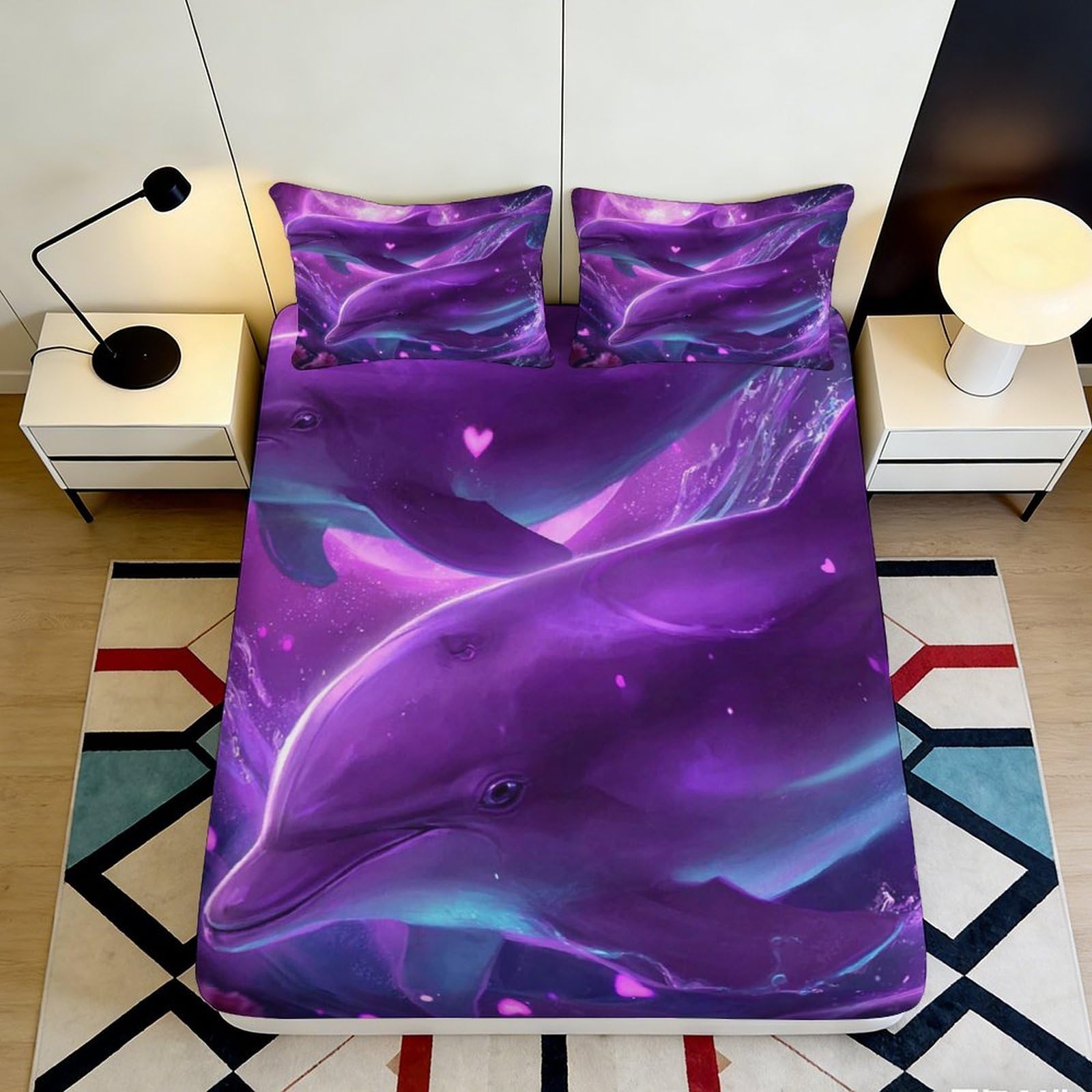 3D Printed Purple Whale Fitted Sheet Microfiber Soft Mattress Cover Ocean Fantasy Bed Decor for Bedroom Guestroom 90x200x25cm