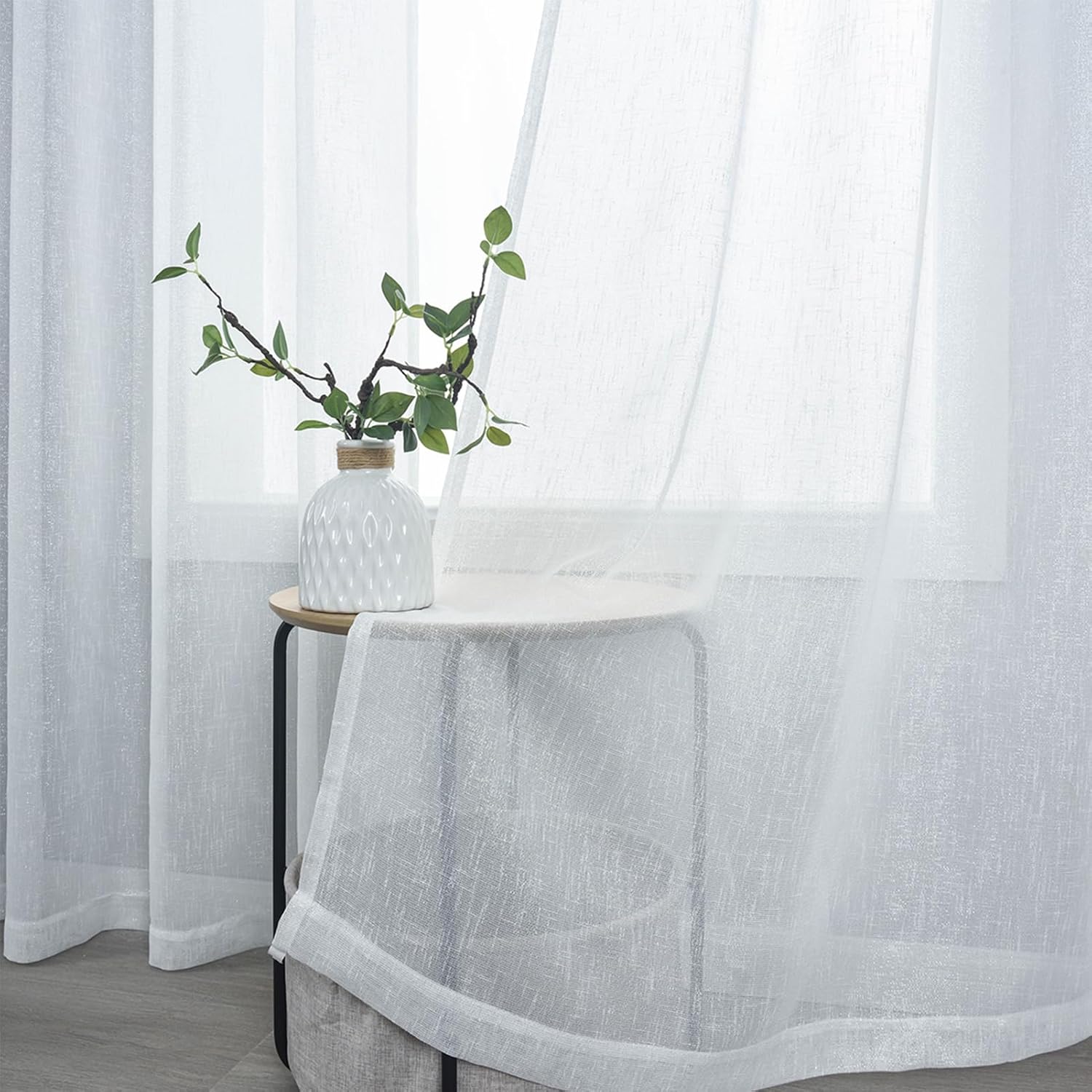 Kotile White Shimmer Curtains 84 Inches Long for Living Room, Grommet Sparkle Silver Sheer Curtains for Bedroom, Privacy Glitter Linen Textured Sheer Curtains 2 Panels, 52 x 84 Inch, Silver White