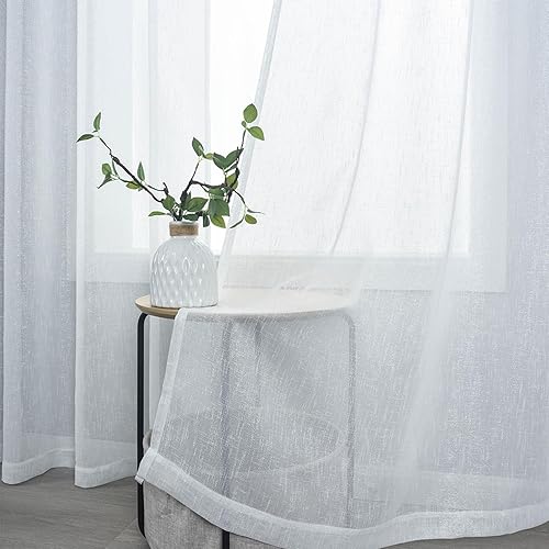 Kotile Cortinas blancas y plateadas de 63 pulgadas de largo, cortinas transparentes con ojales para dormitorio, cortinas de lino transparente