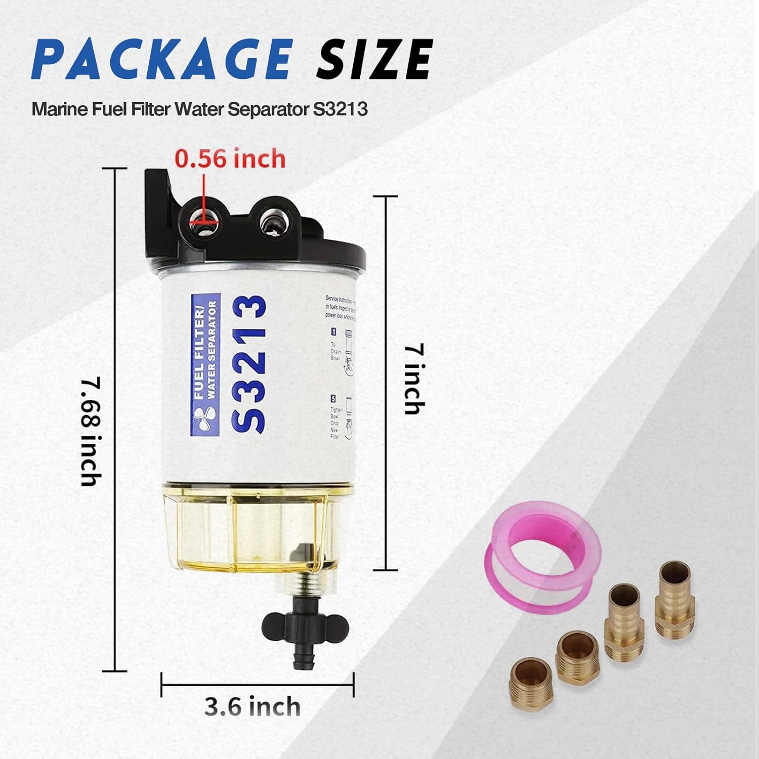 Fuel Filter Water Separator Replacement for Mercury Marine Outboard Motor – 3/8" Barb x 1/4" NPT Brass Fittings, Replaces S3213, S3214, 18-7932-1, 35-60494-1, 35-809097