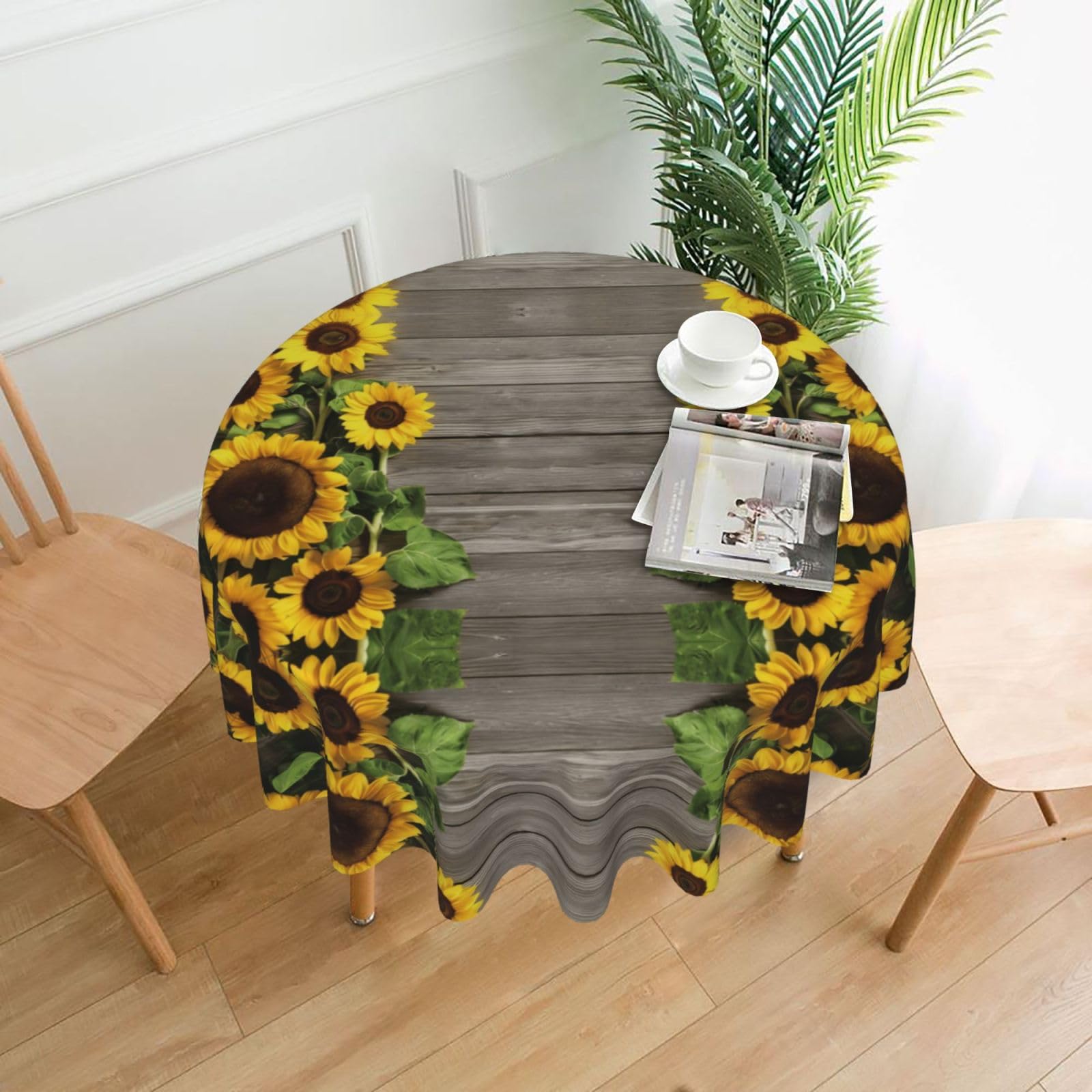 YYHHAOFA Sunflowers Wooden Board Prints 60in Round Decorative Tablecloth – High-Grade Polyester Throw Cover for Dining, Parties, and Outdoor Events