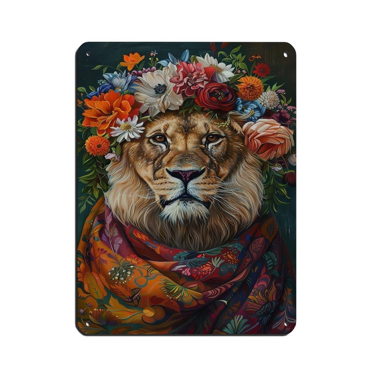 Vintage Maximalist Floral Lion Painting Poster Retro Poster Metal Tin Sign Chic Art Retro Iron Painting Bar People Cave Cafe Family Garage Poster Wall Decoration 12x16inch(30x40cm)