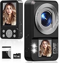 64MP 4K Digital Camera with Auto Focus, Photo Camera with 32GB SD Card, Front and Rear Dual Screen, 2.8" and 18x Digital Zoom, Suitable for Beginners Black