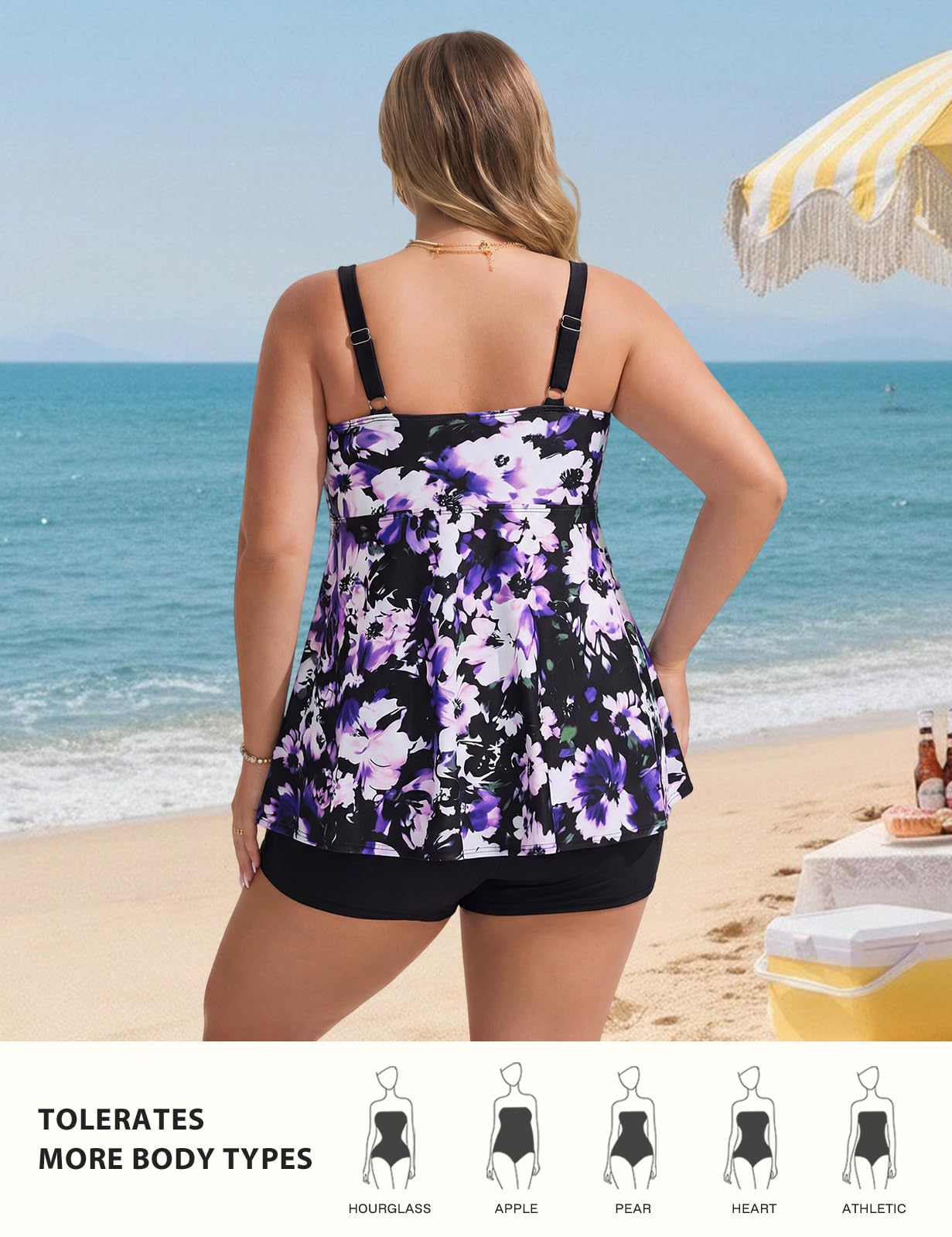 Hanna Nikole Costume da bagno da donna con controllo della pancia, tankini taglie forti, con scollo a V, cinturino regolabile, abbigliamento da spiaggia