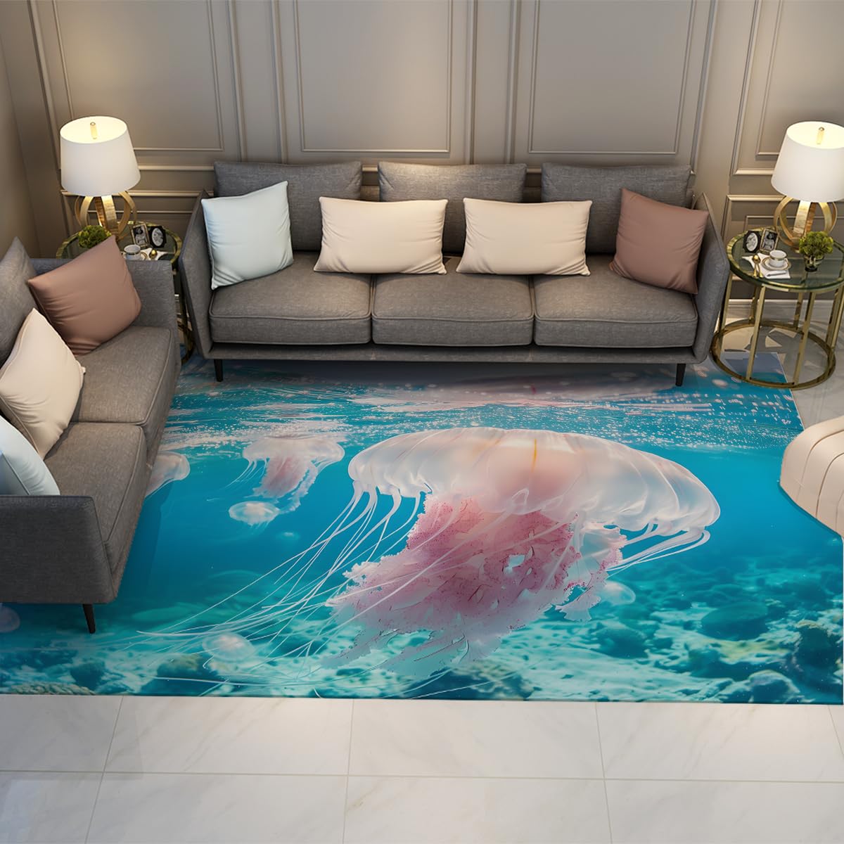 Tapis lavable 180x270 cm bleu océan antidérapant pour le salon