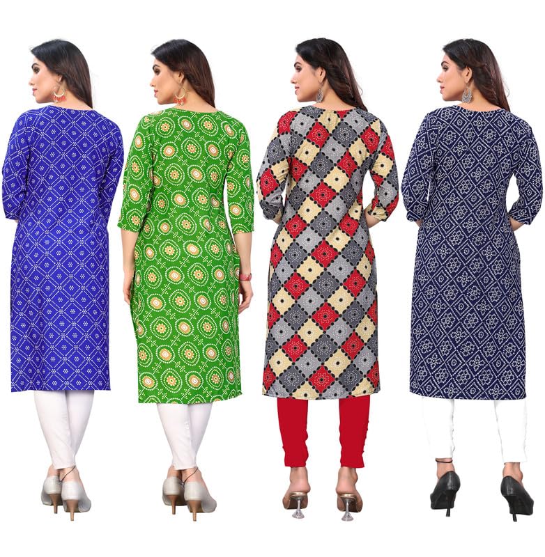 Image of JAKHANA Women's Crepe Printed Casual Straight Calf Length Round Nick Kurta Pack of 4