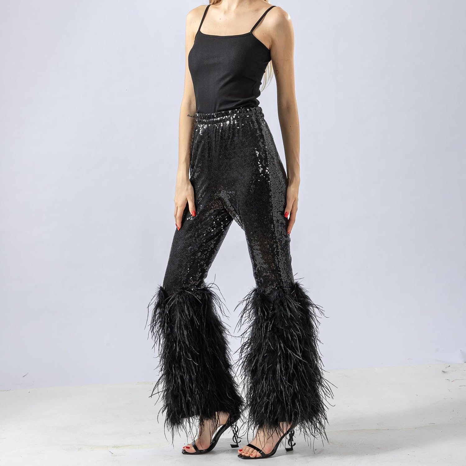 LVCOMEFF Women Sequin Pants with Ostrich Feather Trim Metallic Sparkle Pant Outwear Pants Trousers Party Club