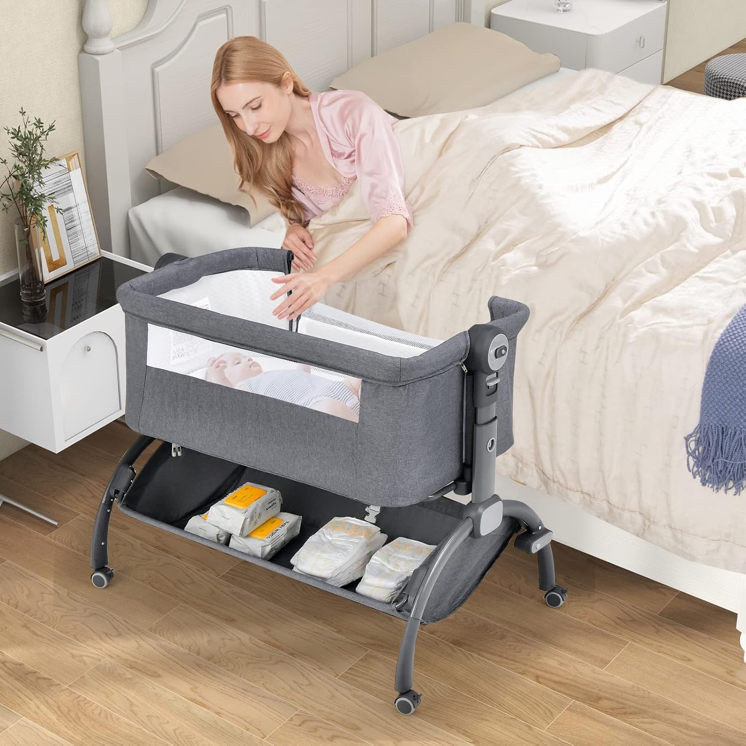 BABY JOY Bassinet, Bedside Bassinet for Baby w/Bottom Storage Basket, 7-Level Adjustable Height, Mattress & Travel Bag, Bassinet Bedside Sleeper for Infants Newborn (Gray)