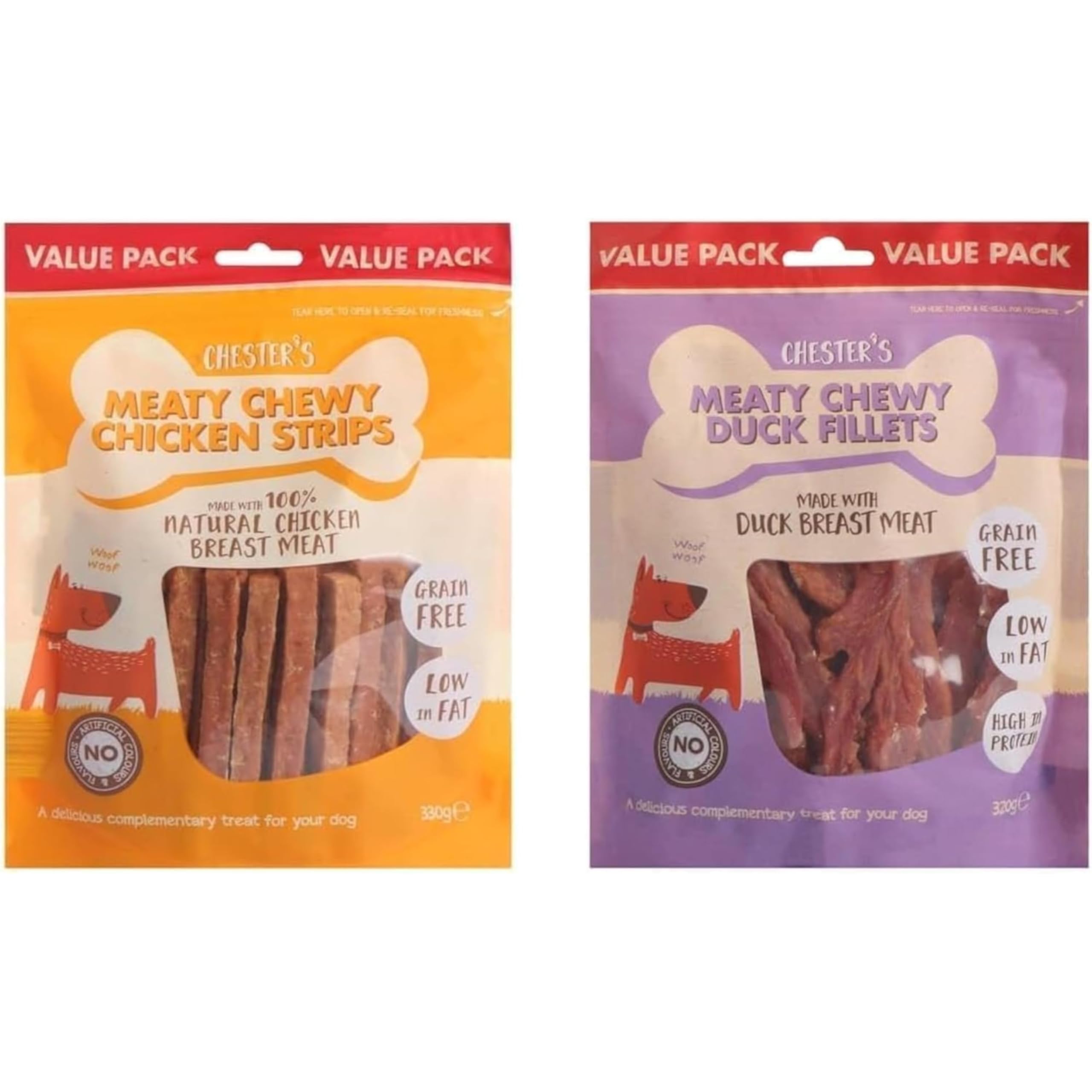 Chester’s Meaty Chewy Dog Treats –Pack of 2 Duck Fillets 320g / Chicken Strips 330g | High Protein, Grain-Free Natural Dog Snacks
