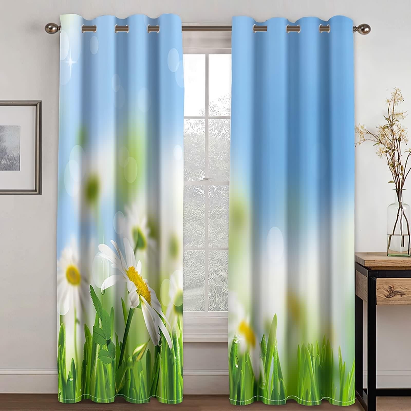 Polyester Vorhänge, Vorhänge Elegant Blau Weiß Grün Blauer Himmel und Gänseblümchen Gardine 2er Set B 234 x H 244 cm