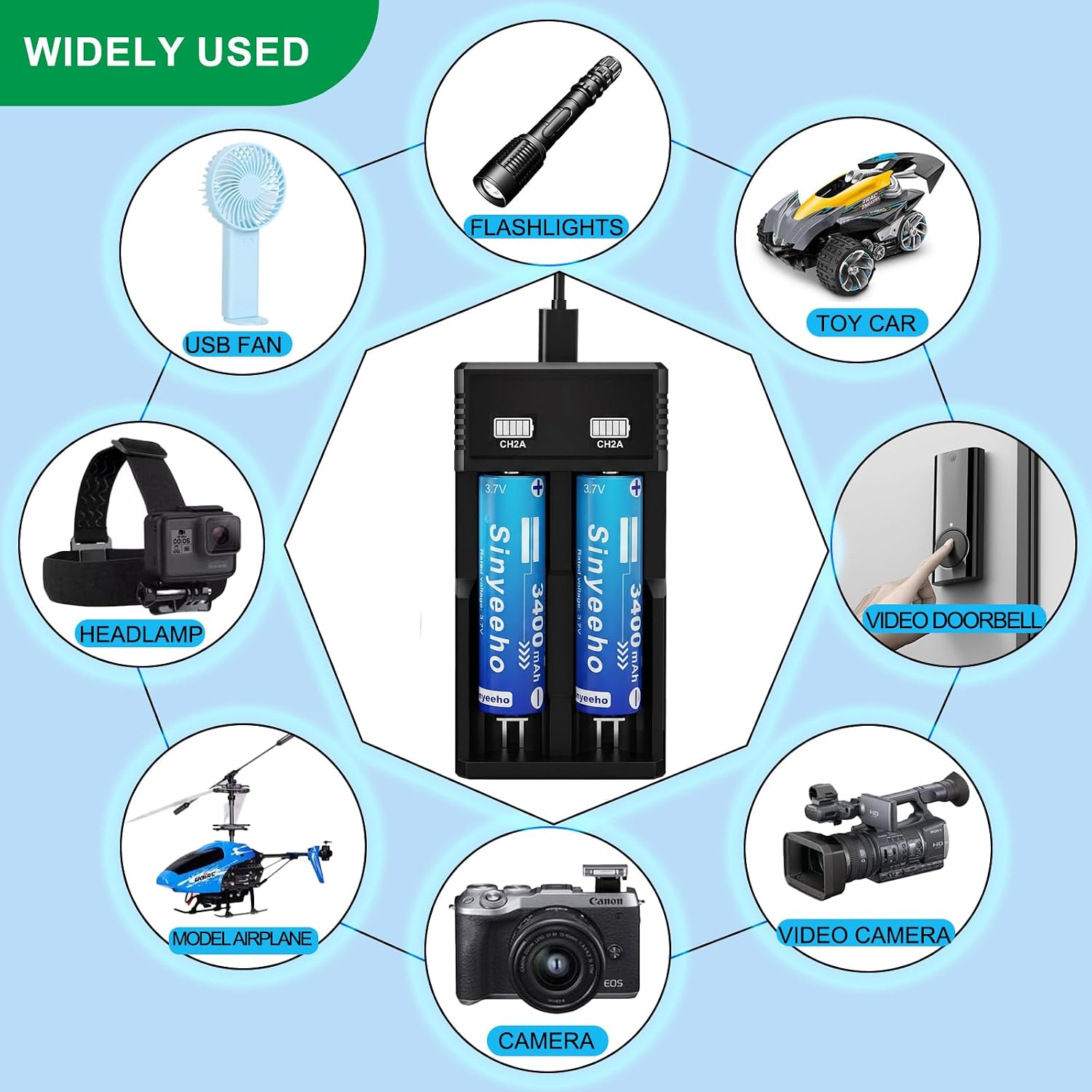 2-Slot 18650 Battery Charger Set 4pcs 3300mAh Flat Top | Universal 3.7V Li-ion Batteries Charger for 18650 26650 18500 14500(No Suitable for nimh & 1.5V Batteries)