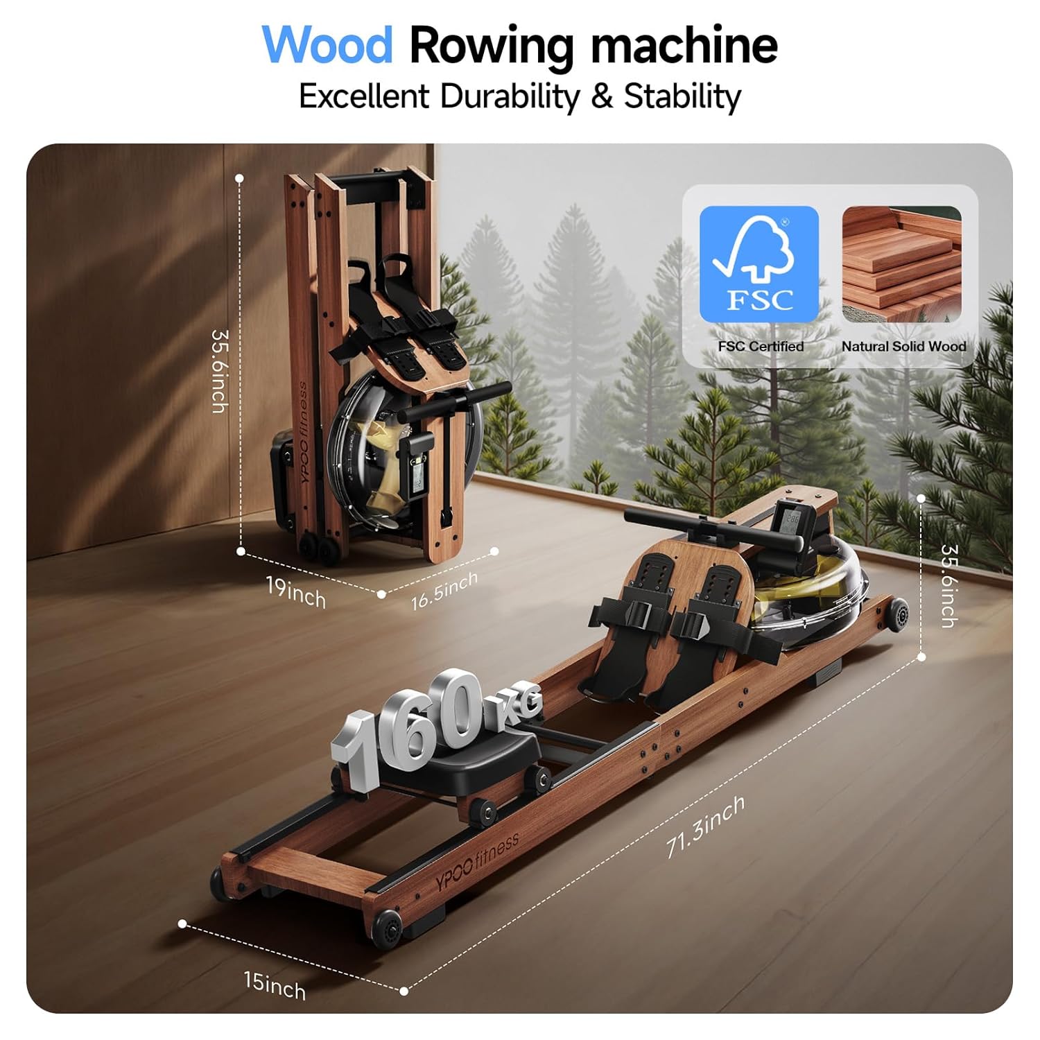 YPOO Water Rowing Machine for Home, Foldable Rower Machines with Comfortable Seat and Quick-folding Design, Wooden Water Rower with 350LBS Weight Capacity - Image 6