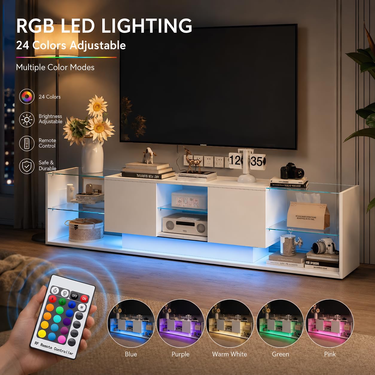 Meuble TV LED 200 cm, Meuble Télé Bas Moderne Brillant avec 2 Compartiments de Rangement et Étagère en Verre, Banc TV avec Rangement pour Salon, Design Contemporain, Blanc