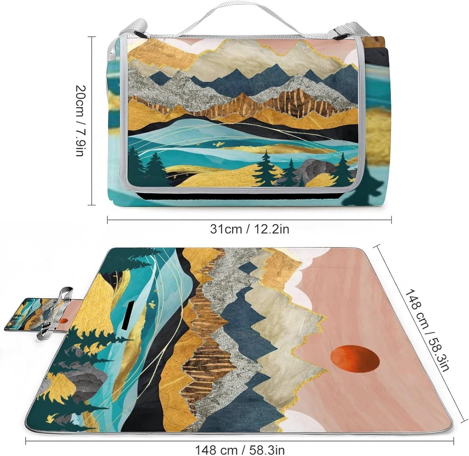 Modern Abstract Forest Soft Waterproof Folding Picnic Blanket Mountain Colorful Japanese Style Geometric Stripe Art Print for The Beach Camping on Grass Waterproof Sandproof 58.3x58.3 Inch