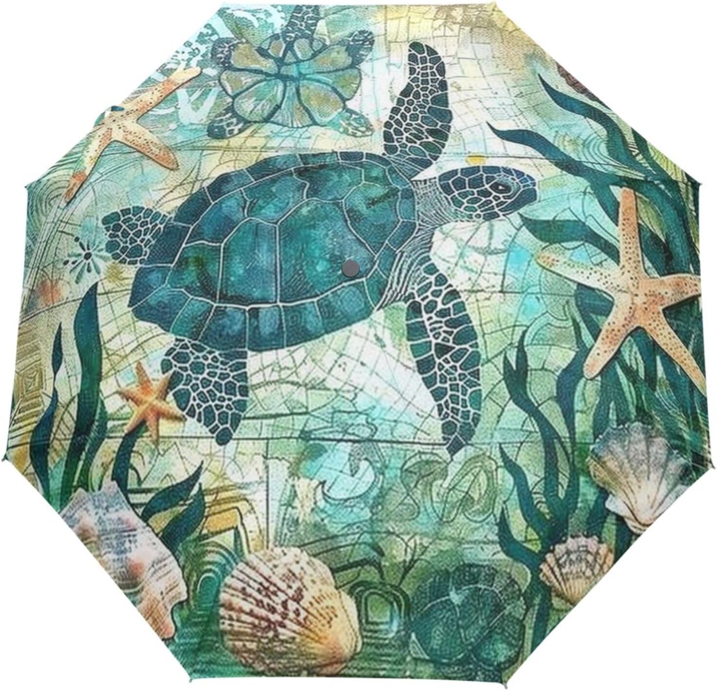 Wamika Vintage Ocean Turtle Umbrella Automatic Open Close Sea Starfish World Map Anti-UV Umbrellas Compact Windproof Lightweight Parasol Umbrella for Travel Car School Sun & Rain