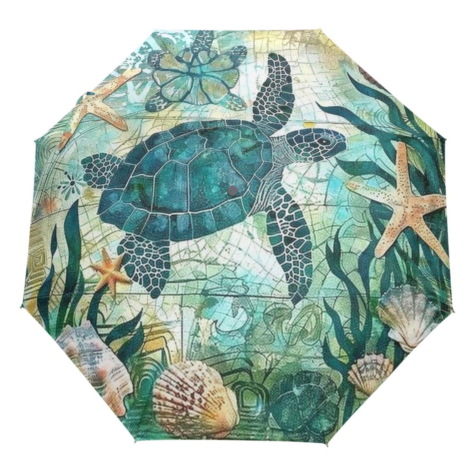 Wamika Vintage Ocean Turtle Umbrella Automatic Open Close Sea Starfish World Map Anti-UV Umbrellas Compact Windproof Lightweight Parasol Umbrella for