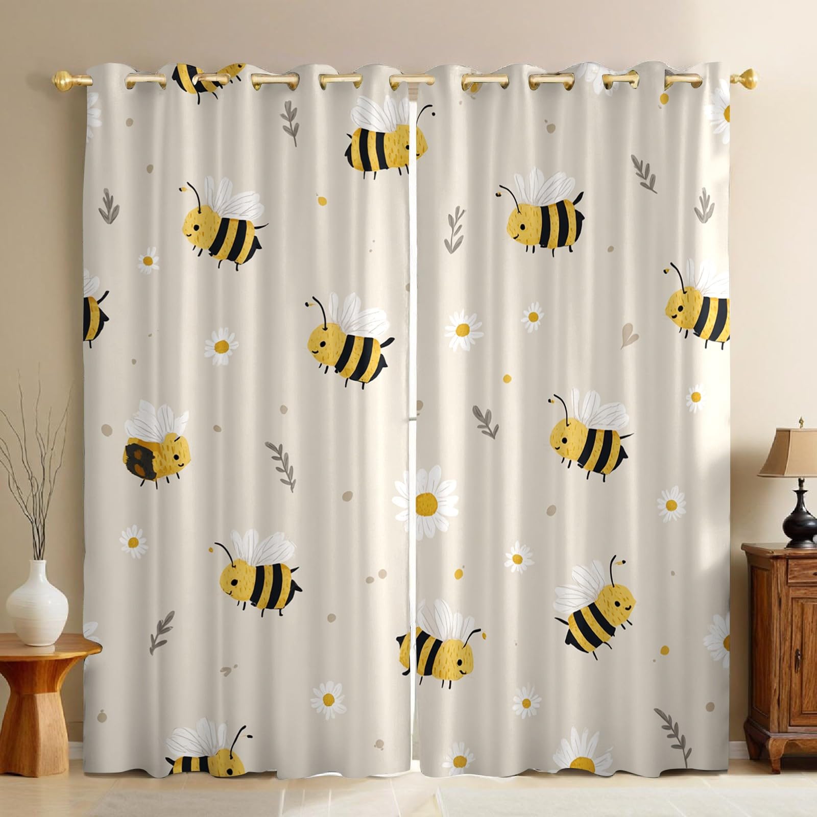 Hellbeige Thermovorhänge Blickdicht Cartoon Biene Gänseblümchen Verdunkelung mit Ösen, Wärmeschutz Schallschutz Gardinen für Kinderzimmer Jungen Mädchen, 2er Set H229 x B117 cm