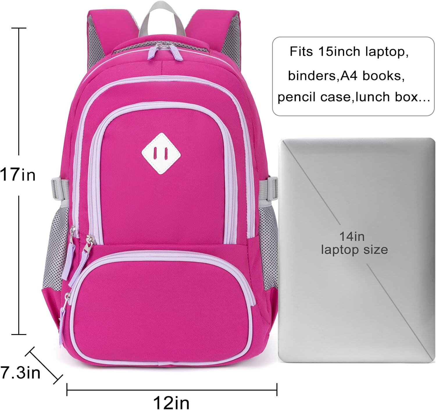 Kids Backpack for Girls Elementary School Backpacks for Child 17 Inch Lightweight Middle School Bookbag for Teens with Chest Strap, Purple