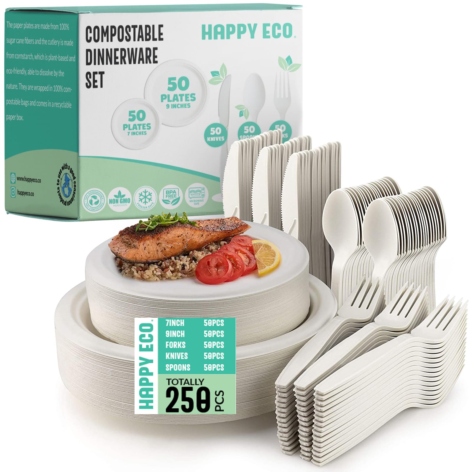 Compostable Plates Set - 250 pcs Compostable Utensils (EXTRA LONG UTENSILS)- Disposable Compostable Plates for Party - Eco-Friendly Recycled Paper Plates