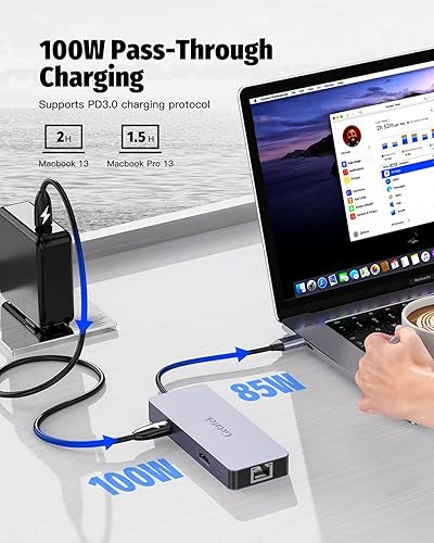 Miniatura 5 de Hub Ethernet USB C, adaptador multipuerto USB C 6 en 1 con HDMI 4K 60HZ, puertos USB C de 10 Gbps y 2 A de datos, carga PD de 100 W, RJ45, apto para